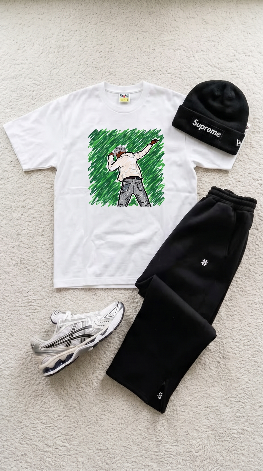 Project X tee, flat lay with black sweatpants and sneakers