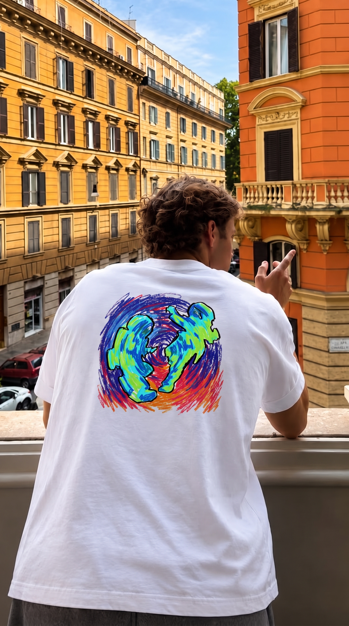 Pluto x Baby Pluto tee, back print worn on a balcony in Rome