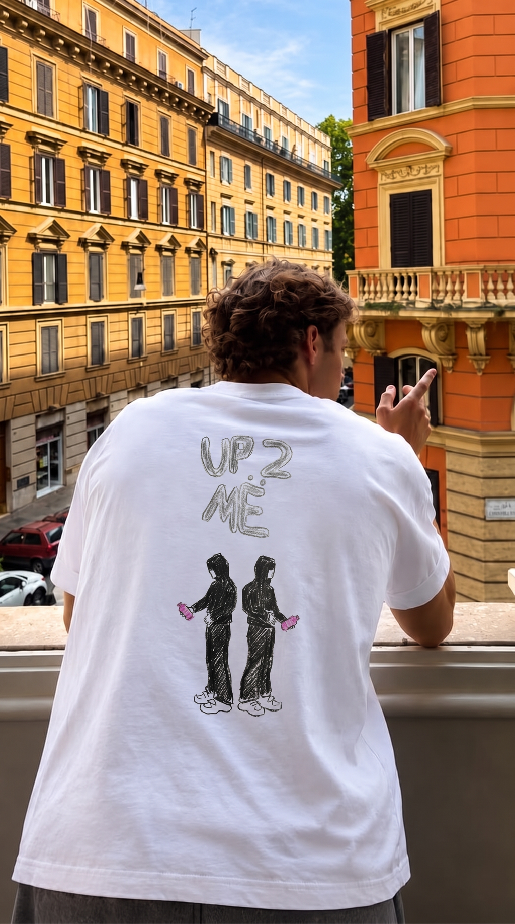 Up 2 Me tee, back print worn on a balcony in Rome