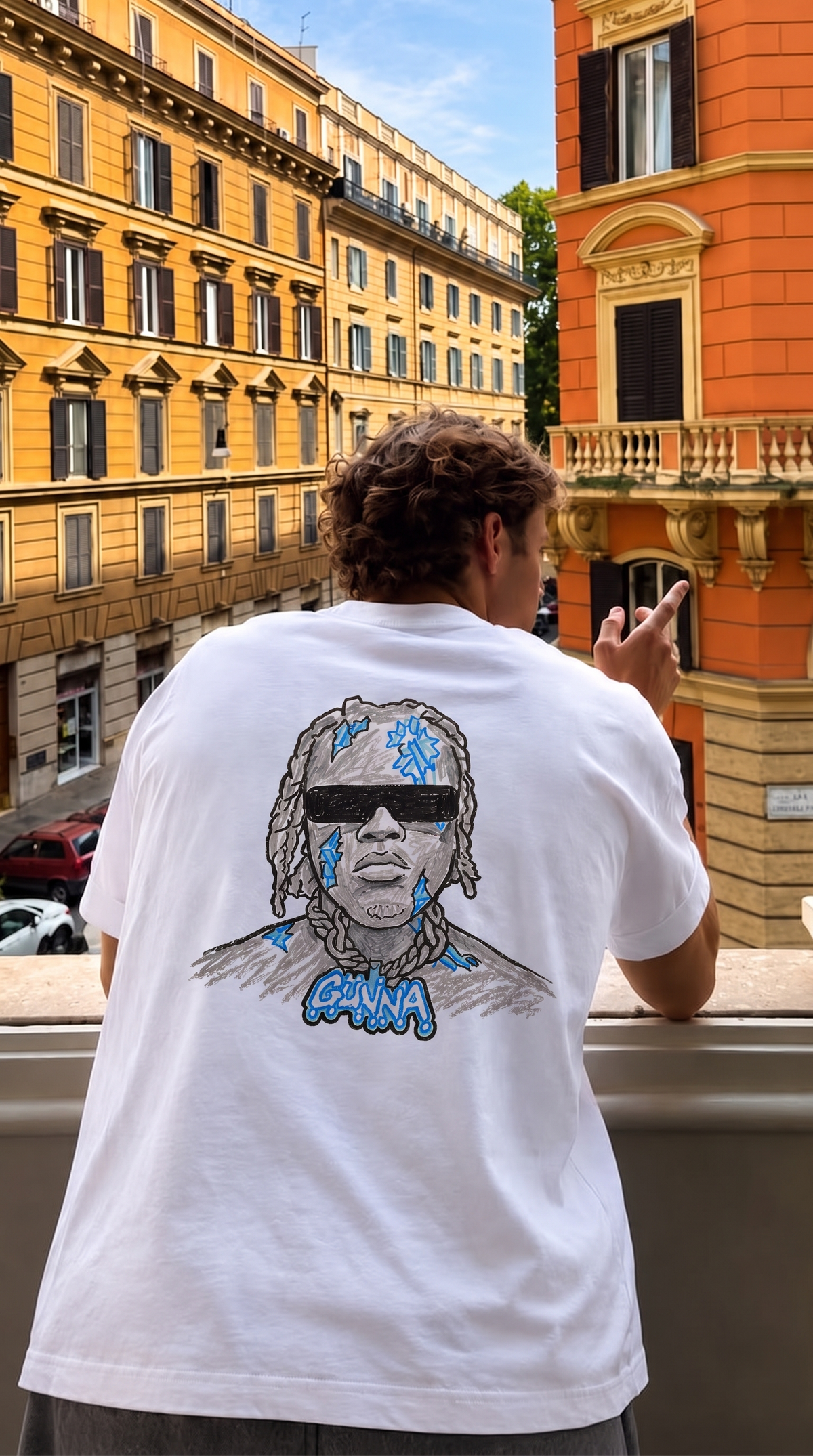 DS4EVER tee, back print worn on a balcony in Rome