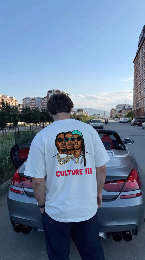 Culture III tee, back print worn by a convertible